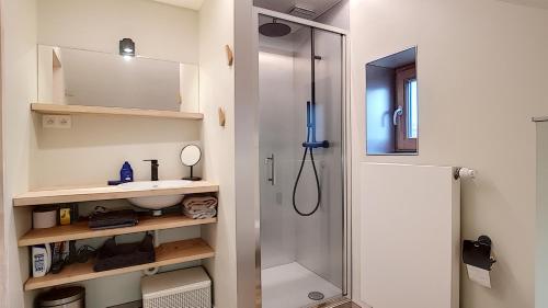 a bathroom with a shower and a sink at Leeuwerikstraat 9, 8670 Oostduinkerke Groenendijk in Koksijde