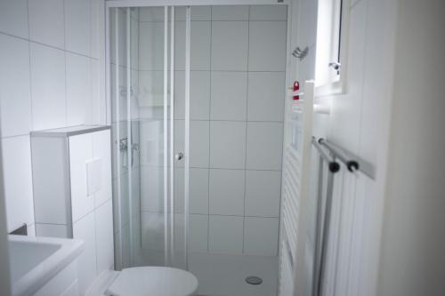 a white bathroom with a shower and a toilet at 6-persoons Veluwe Villa in Voorthuizen