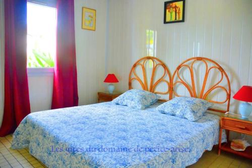 1 dormitorio con 1 cama con edredón azul y ventana en Bungalow - Type F3 - plage de petite anse en Bouillante