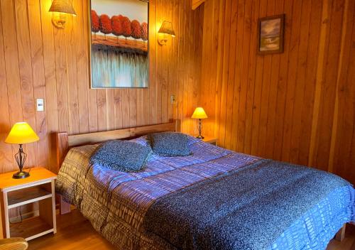1 dormitorio con 1 cama y 2 lámparas. en Mirador Los Volcanes Lodge & Boutique, en Pucón