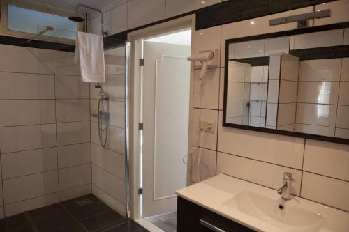 a bathroom with a shower and a sink and a mirror at 28-persoons Groep Villa in Voorthuizen