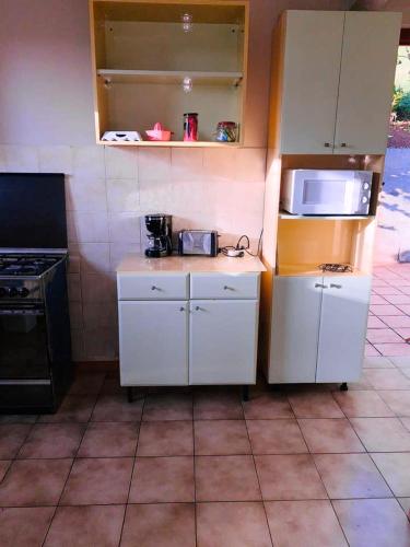 a small kitchen with white cabinets and a microwave at Maison confortable à Rivière Pilote + Jardin et terrasse équipée in Rivière-Pilote