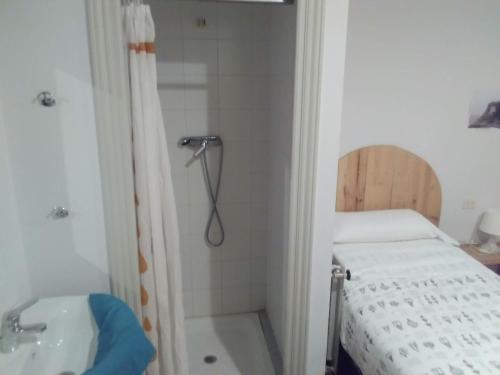 a bathroom with a shower and a bed and a sink at Arrigorri Ostatu Jatetxea in Ondárroa