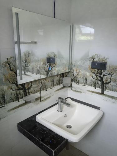 a bathroom with a white sink and a mirror at Silent Peacock Villa And Restaurant in Tangalle