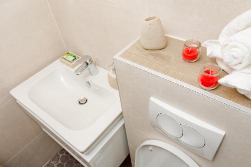 een badkamer met een wastafel en een toilet met twee glazen erop bij Apartman Amsterdam Jahorina in Jahorina