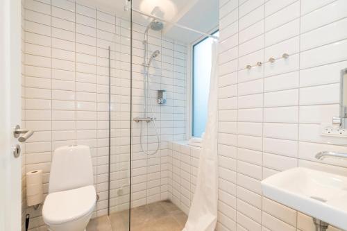 a bathroom with a shower and a toilet and a sink at Harbour Walk in Sønderborg