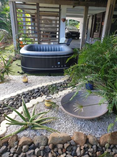 a backyard with a blue inflatable pool and plants at Le Goyav' appart avec piscine et jacuzzi au Vauclin in Le Vauclin