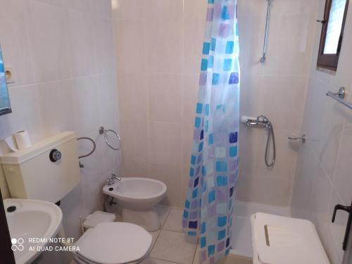 a bathroom with a toilet and a shower curtain at Casa Prado de Mó in Arcos de Valdevez