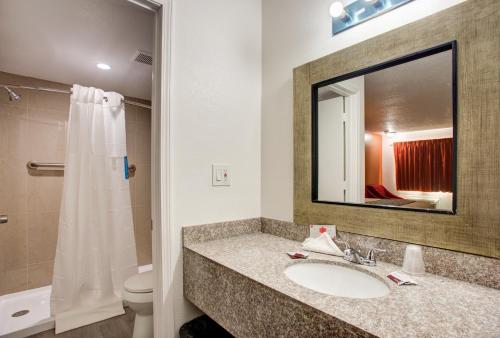 a bathroom with a sink and a toilet and a mirror at Motel 6 Branson, Mo in Branson