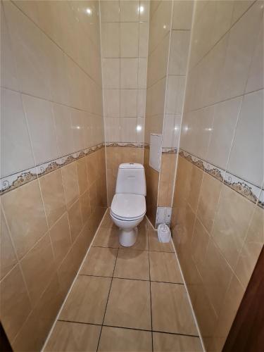a bathroom with a toilet in a tiled room at Apartments on Lenina in Mogilev