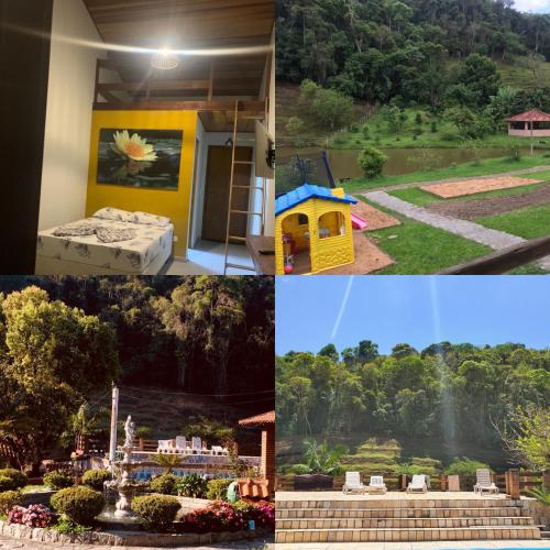 a collage of photos with a house and a garden at Chales em Salesopolis - Recanto da Barra in Salesópolis