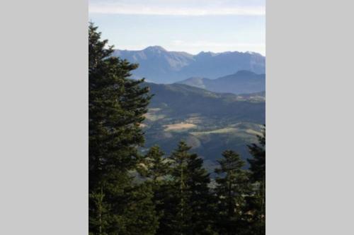 a view of trees and mountains in the distance at Studio dans station de ski aux pieds des pistes in Selonnet