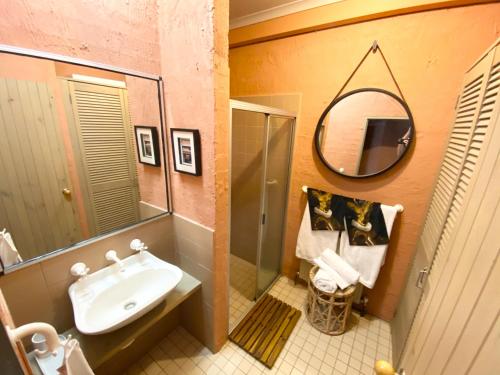 a bathroom with a sink and a mirror at Snowgums 11 in Dinner Plain