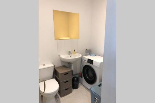 La salle de bains est pourvue d'un lavabo et d'un lave-linge. dans l'établissement Studio sympathique proche de la gare et l’hopital, à Montereau-faut-Yonne