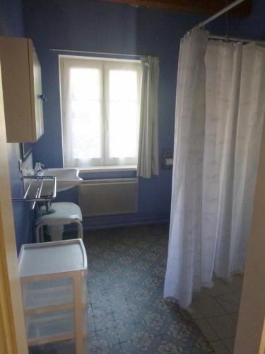 La salle de bains est pourvue d'un rideau de douche blanc et d'une fenêtre. dans l'établissement Maison charmante à Stotzheim avec jardin et terrasse, à Stotzheim