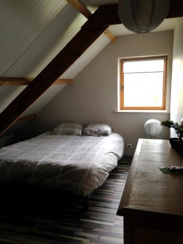 a bedroom with a bed in a attic with a window at Maison de 2 chambres avec vue sur la ville jardin clos et wifi a Dainville in Dainville