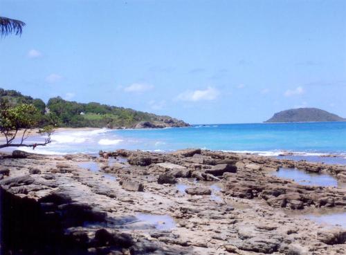 una playa con algunas rocas y el océano en Appartement de 2 chambres avec terrasse amenagee et wifi a Sainte Rose, en Sainte-Rose