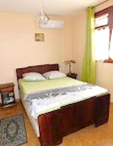 a bedroom with a bed with a green curtain at Maison charmante vue sur mer à La Trinité, 2 chambres. in La Trinité