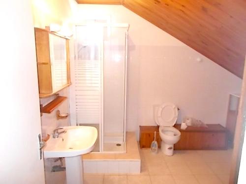 La salle de bains est pourvue d'une douche, de toilettes et d'un lavabo. dans l'établissement Appartement de 2 chambres avec vue sur la mer terrasse amenagee et wifi a Saint Paul, à Saint-Paul