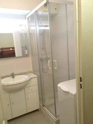 une salle de bain avec une douche, un lavabo et des toilettes dans l'établissement Studio confortable à Urrugne, 24 m², vue mer !, à Ciboure