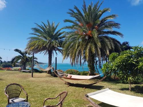 two palm trees and two hammocks on the beach at Family apartment with sea view - 140 m² in Trou d'Eau Douce in Trou dʼ Eau Douce