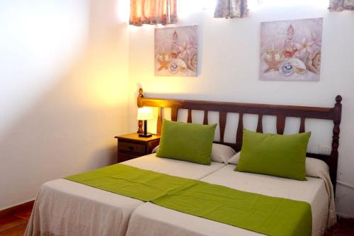 a bedroom with a bed with two green pillows at One bedroom appartement with furnished terrace and wifi at Los Silos 5 km away from the beach in Los Silos
