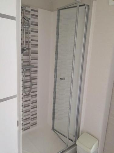 La salle de bains est pourvue d'une douche en verre et de toilettes. dans l'établissement Bungalow confortable à Onzain avec piscine partagée, à Onzain