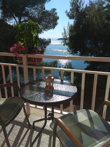 a table and chairs on a balcony with a view of the ocean at Apartments Dalibor in Brna