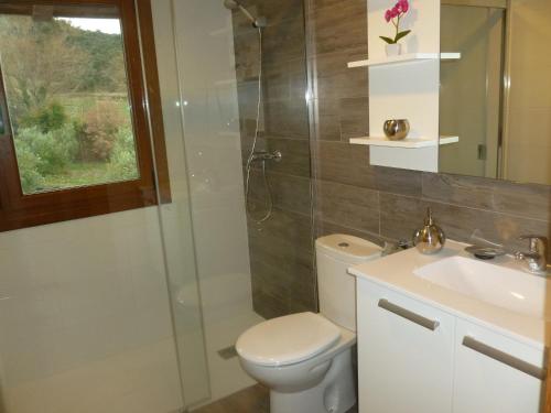 uma casa de banho com um WC, um chuveiro e um lavatório. em Casa rural Navarra accesible para grupos grandes de 14-16 personas Belastegui II em Eulz