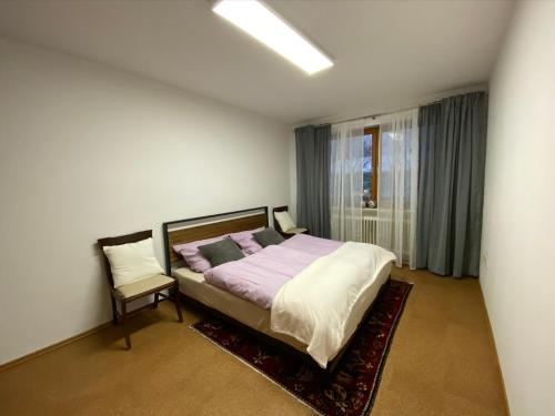 Schöfweg的住宿－MITTEN im BAYERISCHEN WALD-95m² Wohnung + *NETFLIX* Direkt am Skilift!，卧室配有床、椅子和窗户。