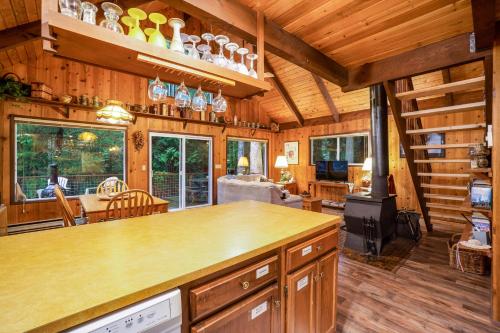 a kitchen and living room with a stove in a cabin at The Chalet on Lopez in Islandale