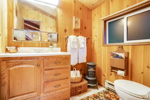a wooden bathroom with a sink and a toilet at The Chalet on Lopez in Islandale