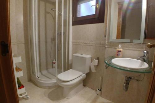 a bathroom with a toilet and a sink and a shower at Amplio apartamento Plaza de Toros in Zaragoza