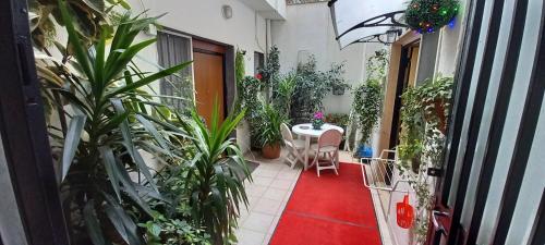 a courtyard with a red carpet and a table with plants at Awesomehouse centre Bari in Bari