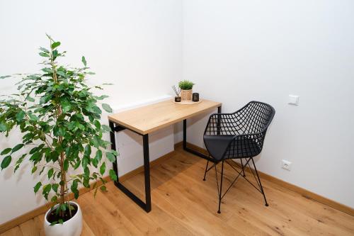 a desk with a chair and a plant in a room at Lossi 32 Luxury Apartment with Sauna in Tartu