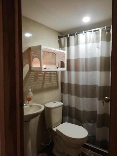 a small bathroom with a toilet and a sink at Eco-Cabaña Termales Santa Rosa in Santa Rosa de Cabal