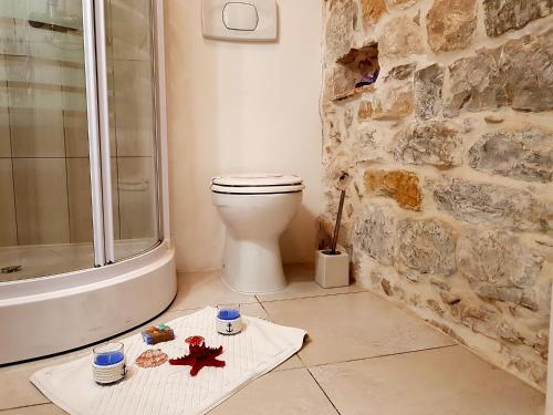 La salle de bains est pourvue d'une douche, de toilettes et d'un lavabo. dans l'établissement Villa Nautica Stone House, à Split