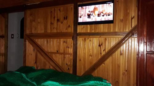 a bedroom with a wooden wall with a tv on it at Sitio Pinhal in Silveiras