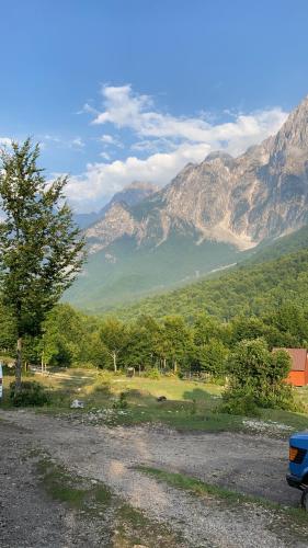 a field with trees and mountains in the background at Guesthouse Skender Selimaj in Valbonë