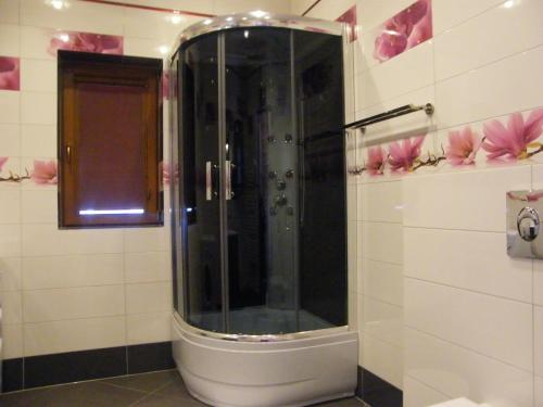 eine Dusche im Bad mit rosa Blumen an der Wand in der Unterkunft Domy nad jeziorem Blanki in Lidzbark Warmiński