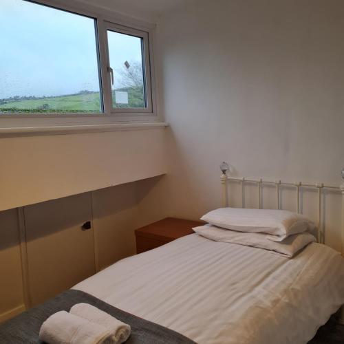 two beds in a room with a window at Daron Large Country Cottage in Llansannan