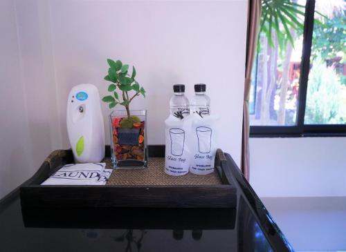 a shelf with two bottles of water and a plant at Papa's Home And Rabbit Café in Ban Mai