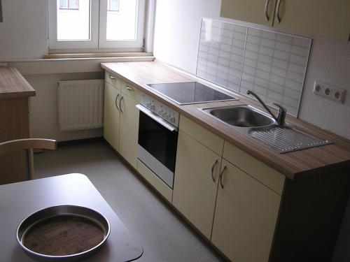 a small kitchen with a sink and a stove at Auerbachs Keller in Plauen
