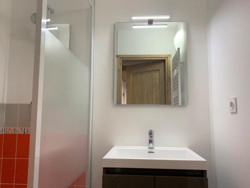 y baño con lavabo y espejo. en Le cozy du soulan - T2 bis - soda en Luchon
