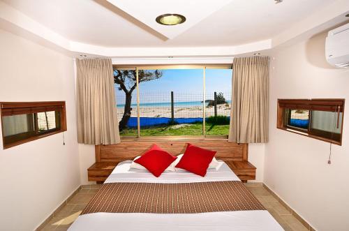 Dor的住宿－Dor al Hayam，一间卧室配有一张带红色枕头的床和一扇窗户