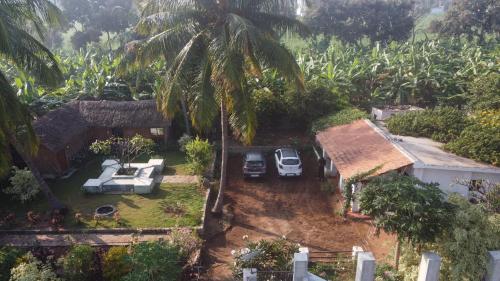 an aerial view of a house with a palm tree at Little Banana Homestay in Hampi