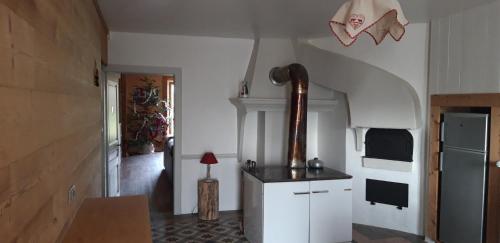 a kitchen with a stove in a room at Grimont gîte au calme grand terrain circuit cascades du Hérisson in Saugeot