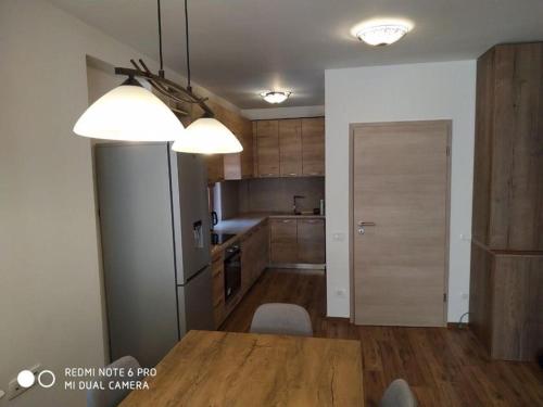 a kitchen with a wooden table and a refrigerator at Brezovica Luxury Villa, Brezovicë in Brezovicë