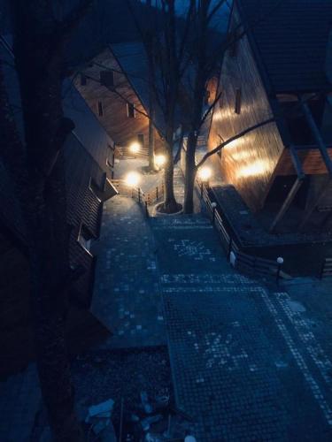 an alley with a tree and benches at night at Brezovica Luxury Villa, Brezovicë in Brezovicë