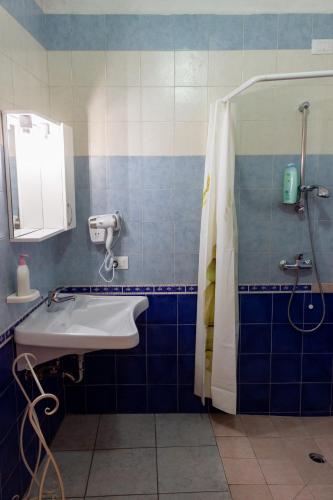 a bathroom with a sink and a shower at La Masseria Hotel Ristorante Centro Benessere in Cocumola